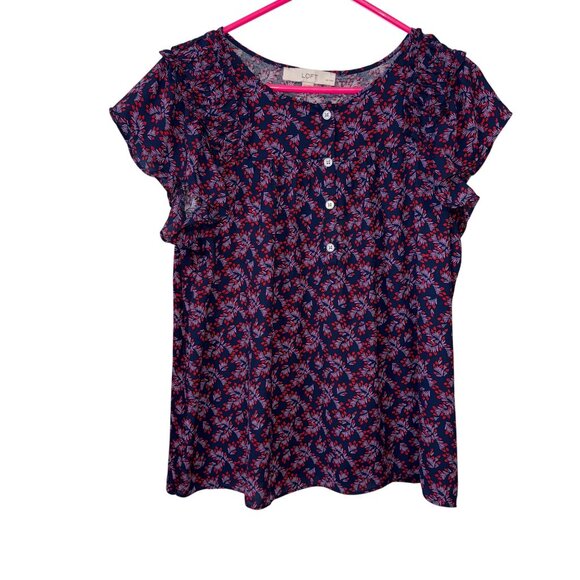 LOFT Petites Floral Print Button Front Ruffled Sleeve Blouse L - Picture 2 of 7
